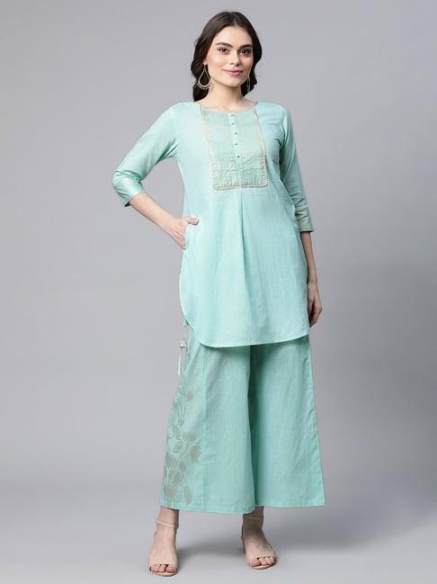 ahalyaa-green-cotton-woven-pattern-kurti-palazzo-set