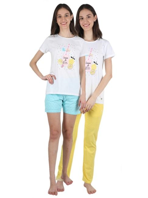 monte-carlo-white-&-yellow-printed-t-shirt-shorts-&-pyjama-set