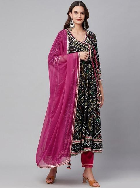 divena-black-&-pink-pure-cotton-bandhani-print-kurta-pant-set-with-dupatta
