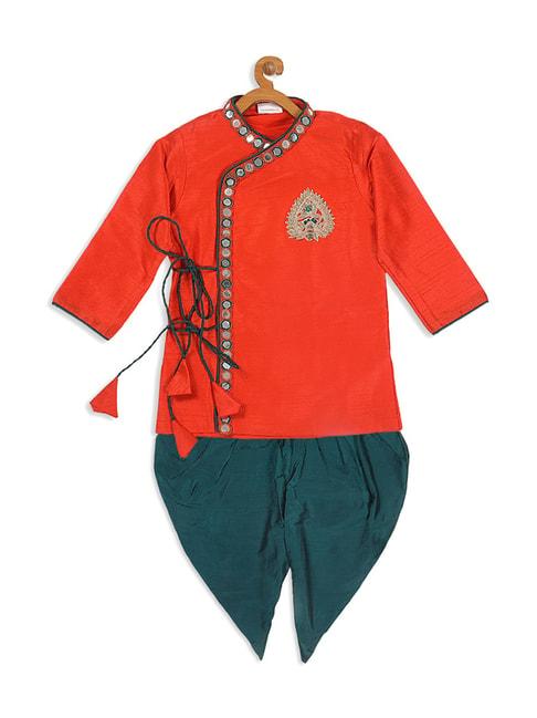 vastramay-sishu-orange-&-teal-blue-embroidered-kurta-set