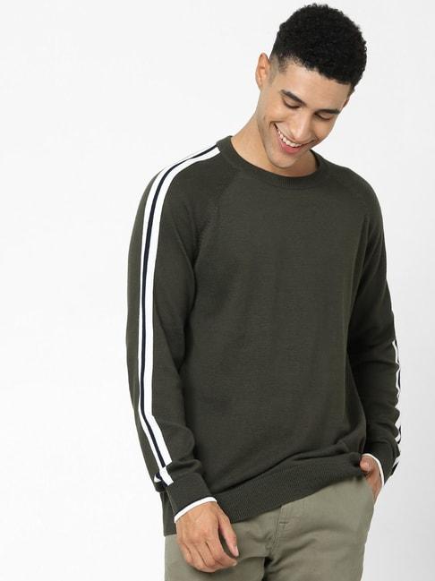 celio*-olive-green-cotton-regular-fit-striped-sweaters