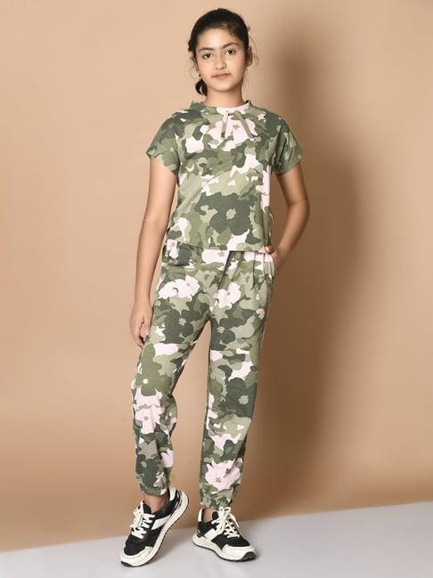 lilpicks-kids-green-cotton-camouflage-top-set