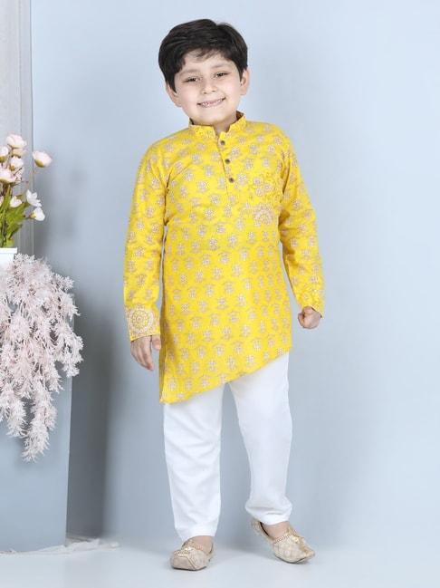 kinder-kids-yellow-&-white-floral-print-full-sleeves-kurta-with-pyjamas