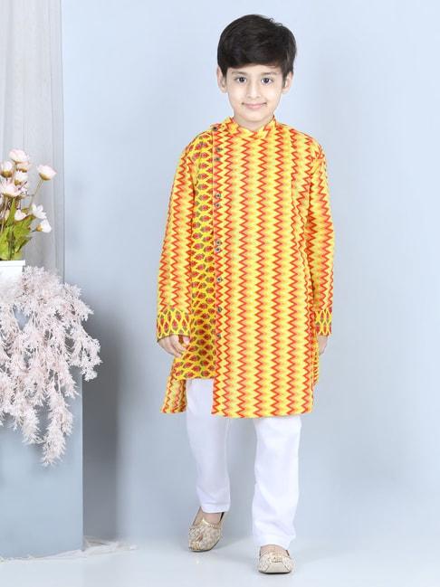 kinder-kids-yellow-&-white-printed-full-sleeves-kurta-with-pyjamas