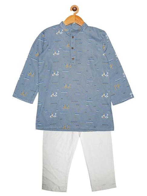 kiddopanti-kids-grey-&-white-printed-full-sleeves-kurta-with-pyjamas