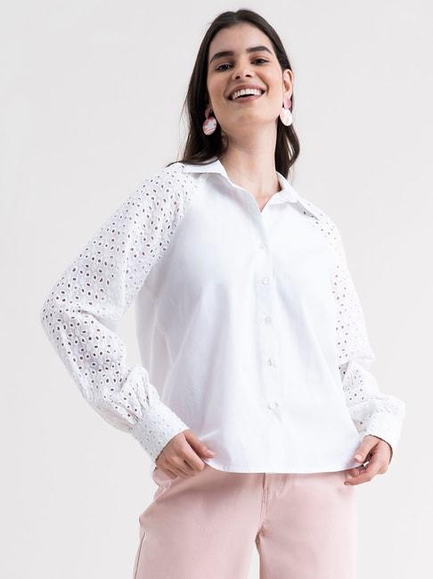 fablestreet-white-cotton-self-design-shirt