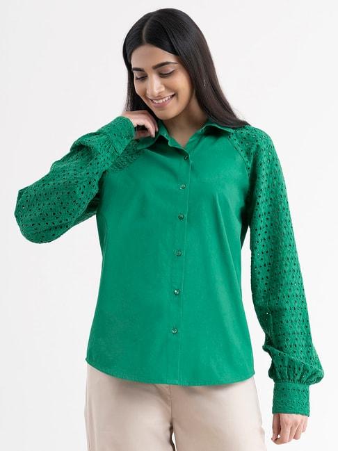 fablestreet-green-cotton-self-design-shirt