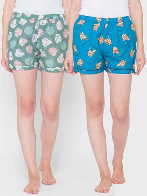 fashionrack-blue-&-green-floral-shorts-with-pocket-(pack-of-2)