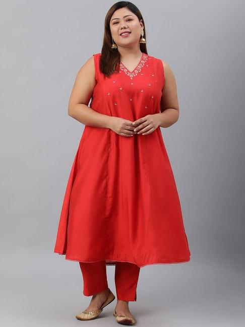 xl-love-by-janasya-red-embroidered-kurta-pant-set