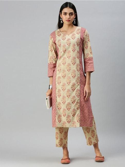 showoff-beige-floral-print-kurta-with-pants