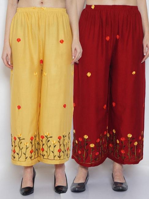 gracit-yellow-&-maroon-embroidered-palazzos---pack-of-2