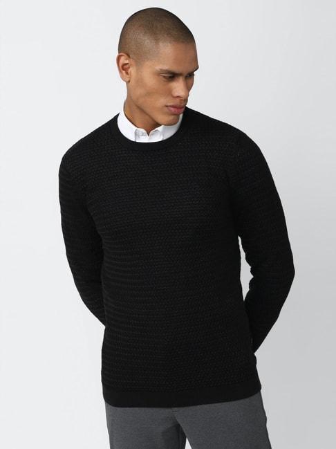 v-dot-black-cotton-slim-fit-crochet-sweater