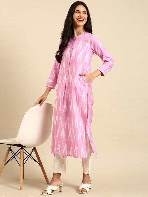 showoff-pink-&-white-linen-woven-pattern-kurta-pant-set