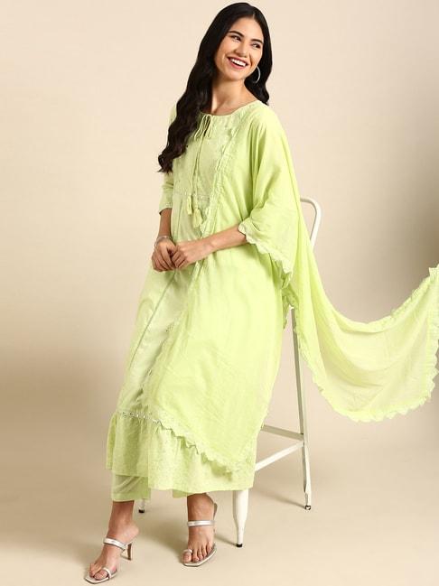 showoff-green-cotton-embroidered-kurta-pant-set-with-dupatta