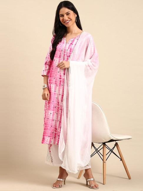 showoff-pink-&-white-cotton-tie-&-dye-kurta-pant-set-with-dupatta