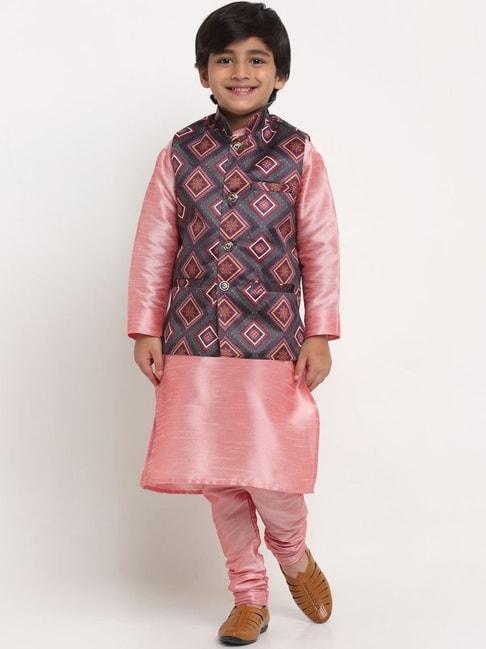 benstoke-kids-pink-&-charcoal-grey-printed-full-sleeves-kurta-set
