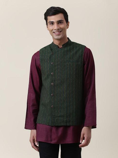 fabindia-green-regular-fit-striped-nehru-jacket