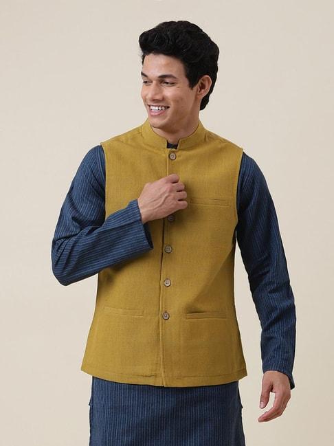 fabindia-mustard-regular-fit-nehru-jacket