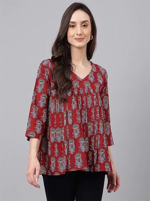 janasya-maroon-cotton-floral-print-tunic