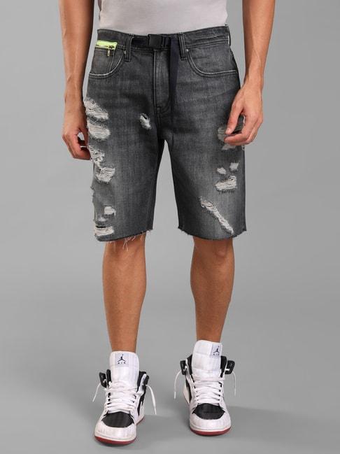 kazo-grey-regular-fit-distressed-denim-shorts