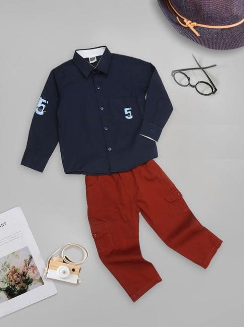 mee-mee-kids-navy-&-rust-solid-full-sleeves--shirt-with--trousers