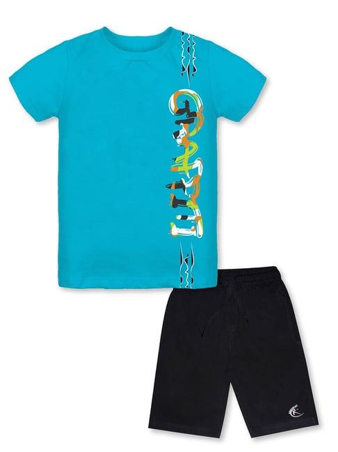 kiddopanti-kids-teal-&-black-printed-t-shirt-with-shorts