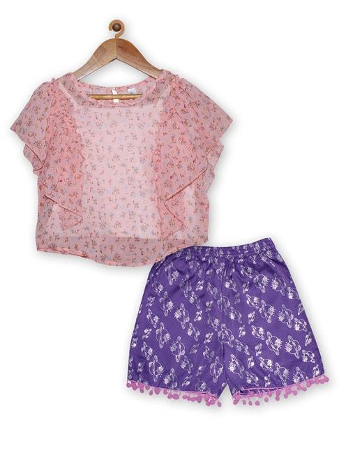 kiddopanti-kids-peach-&-purple-printed-top-with-shorts