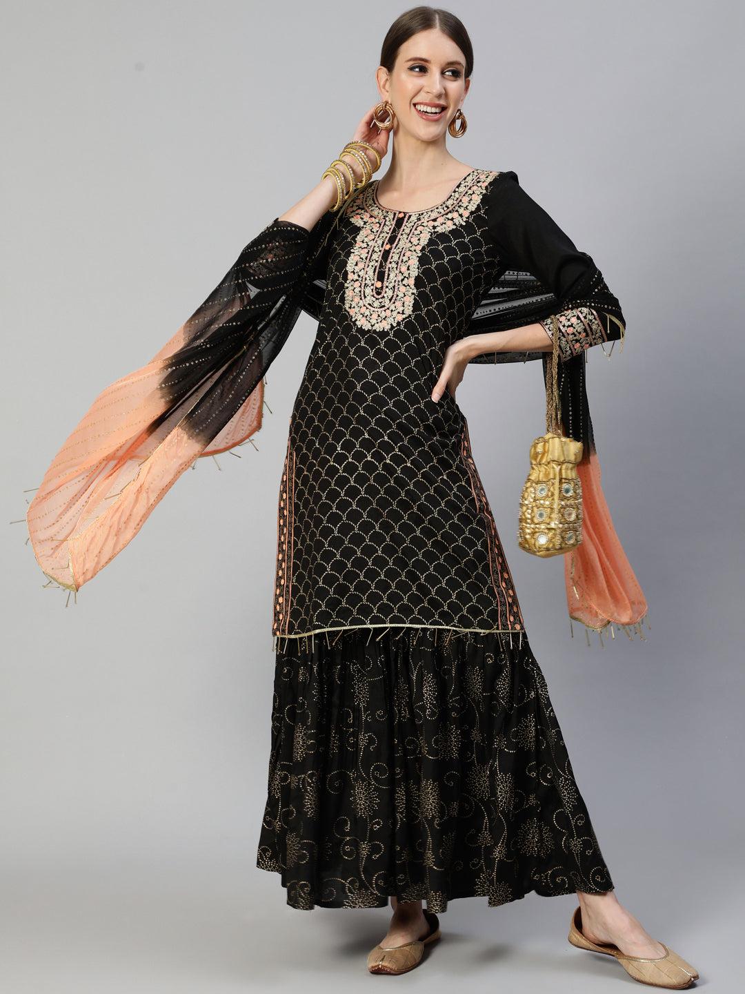 ishin-women's-silk-blend-black-embroidered-a-line-kurta-sharara-dupatta-set