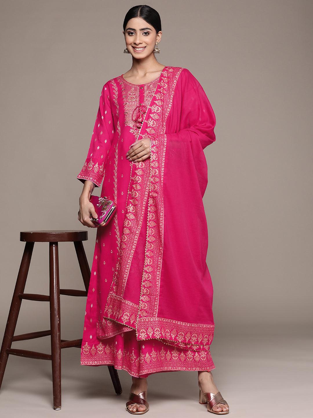 ishin-women's-cotton-pink-embroidered-a-line-kurta-sharara-dupatta-set