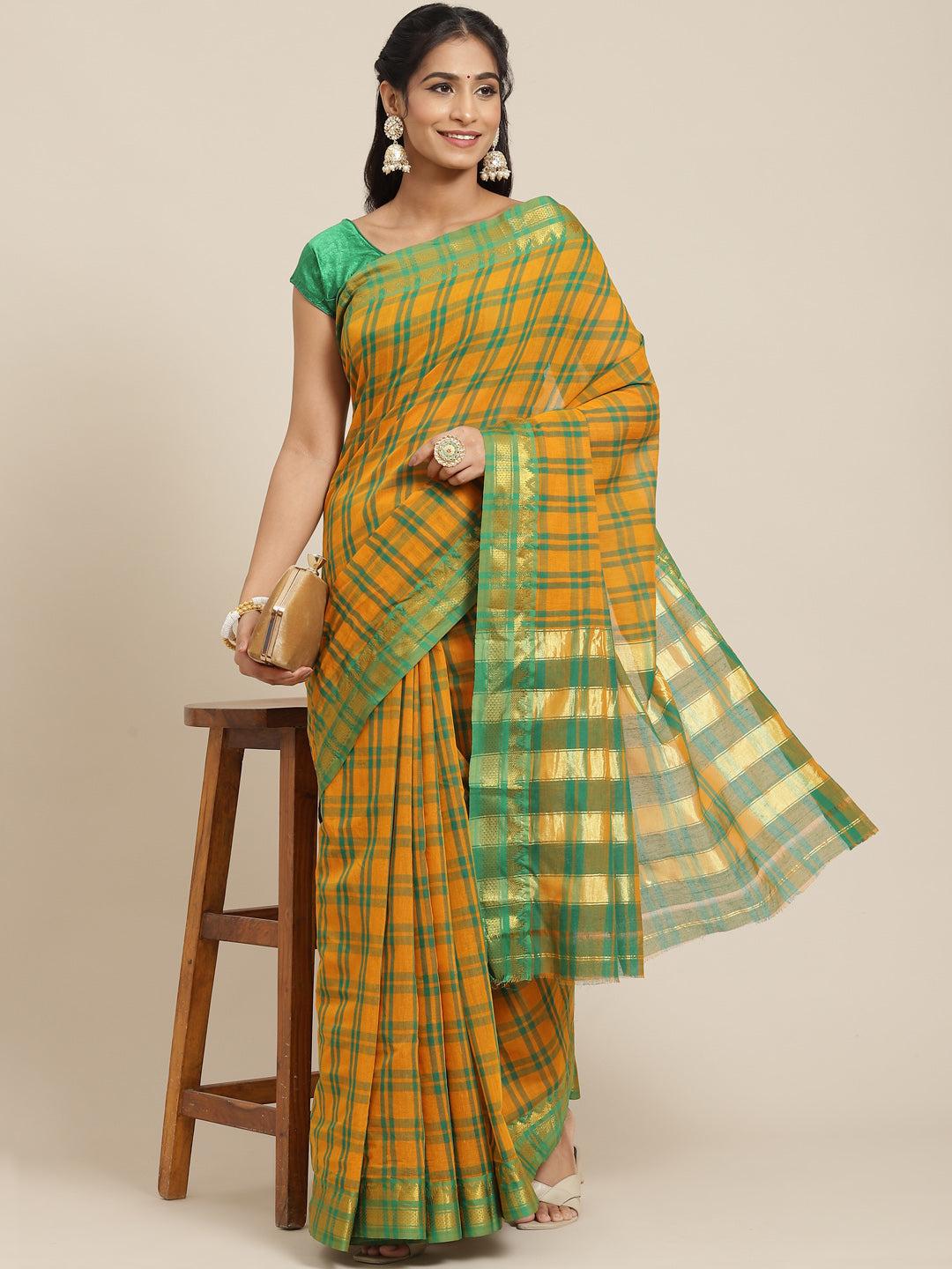 ishin-women's-cotton-blend-mustard-checks-woven-saree-with-blouse-piece