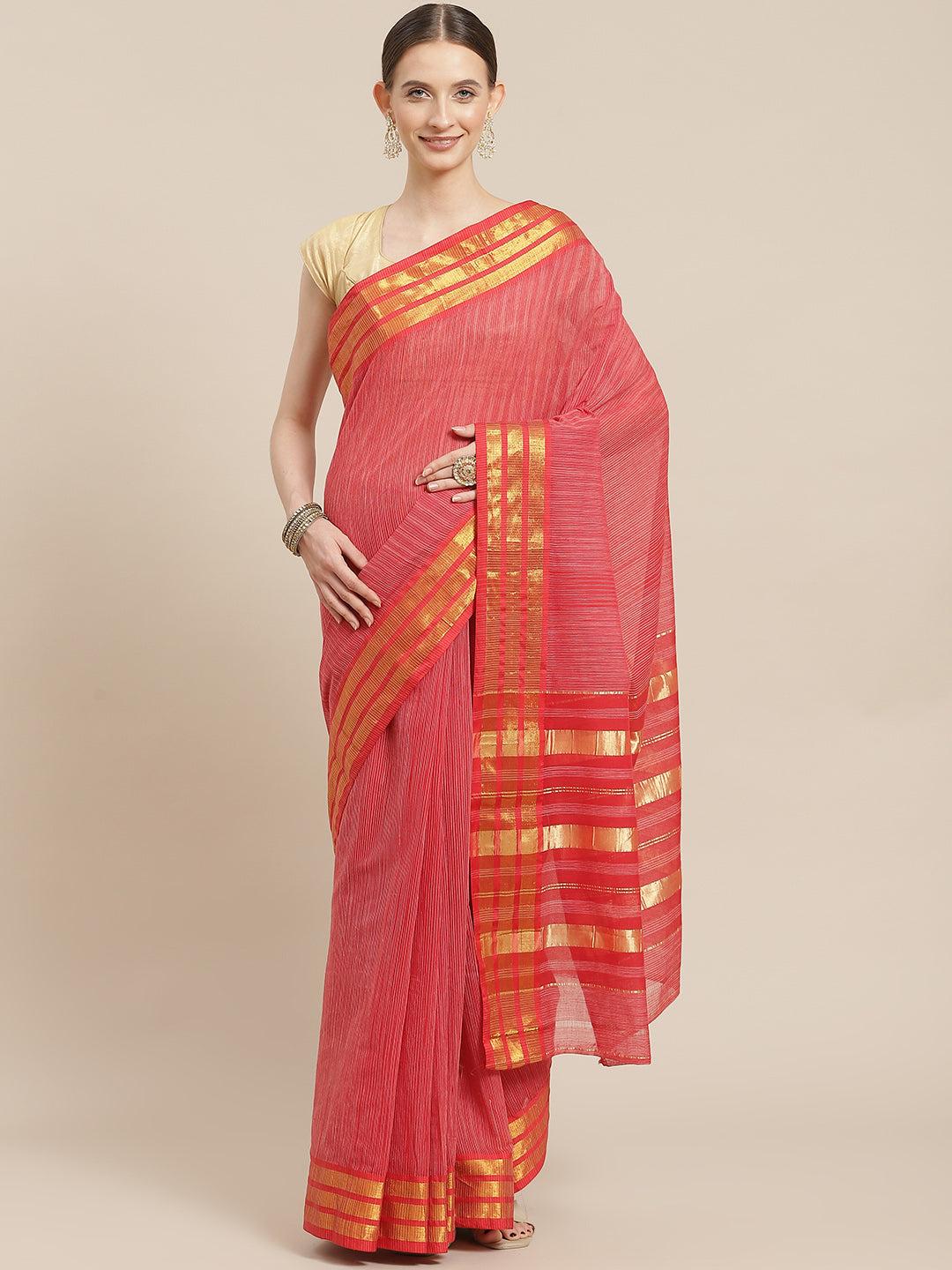ishin-women's-cotton-blend-red-striped-woven-design-saree-with-blouse-piece