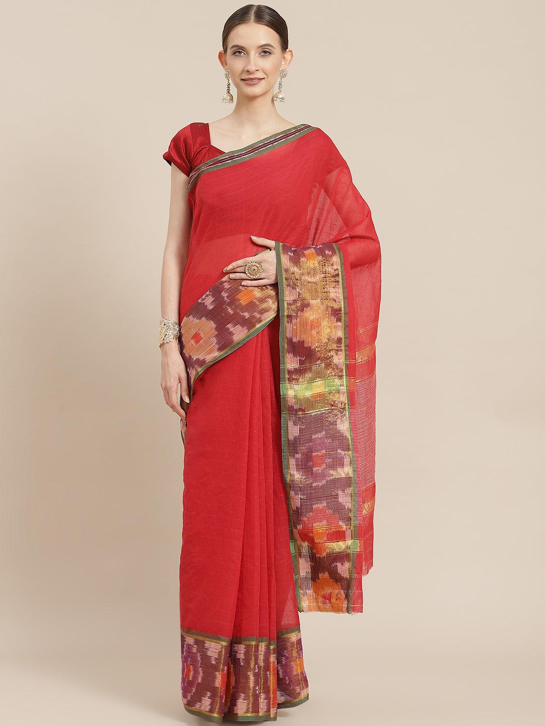 ishin-women's-cotton-blend-red-solid-woven-pochampally-saree-with-blouse-piece