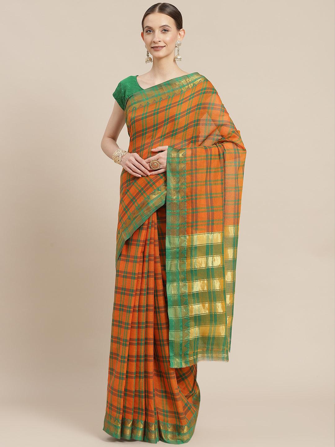 ishin-women's-cotton-blend-orange-checks-woven-saree-with-blouse-piece