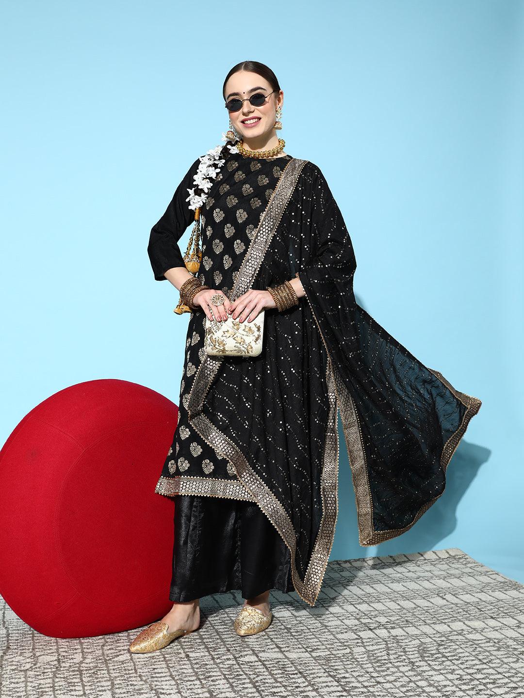 ishin-women's-chanderi-silk-black-woven-design-a-line-kurta-sharara-dupatta-set