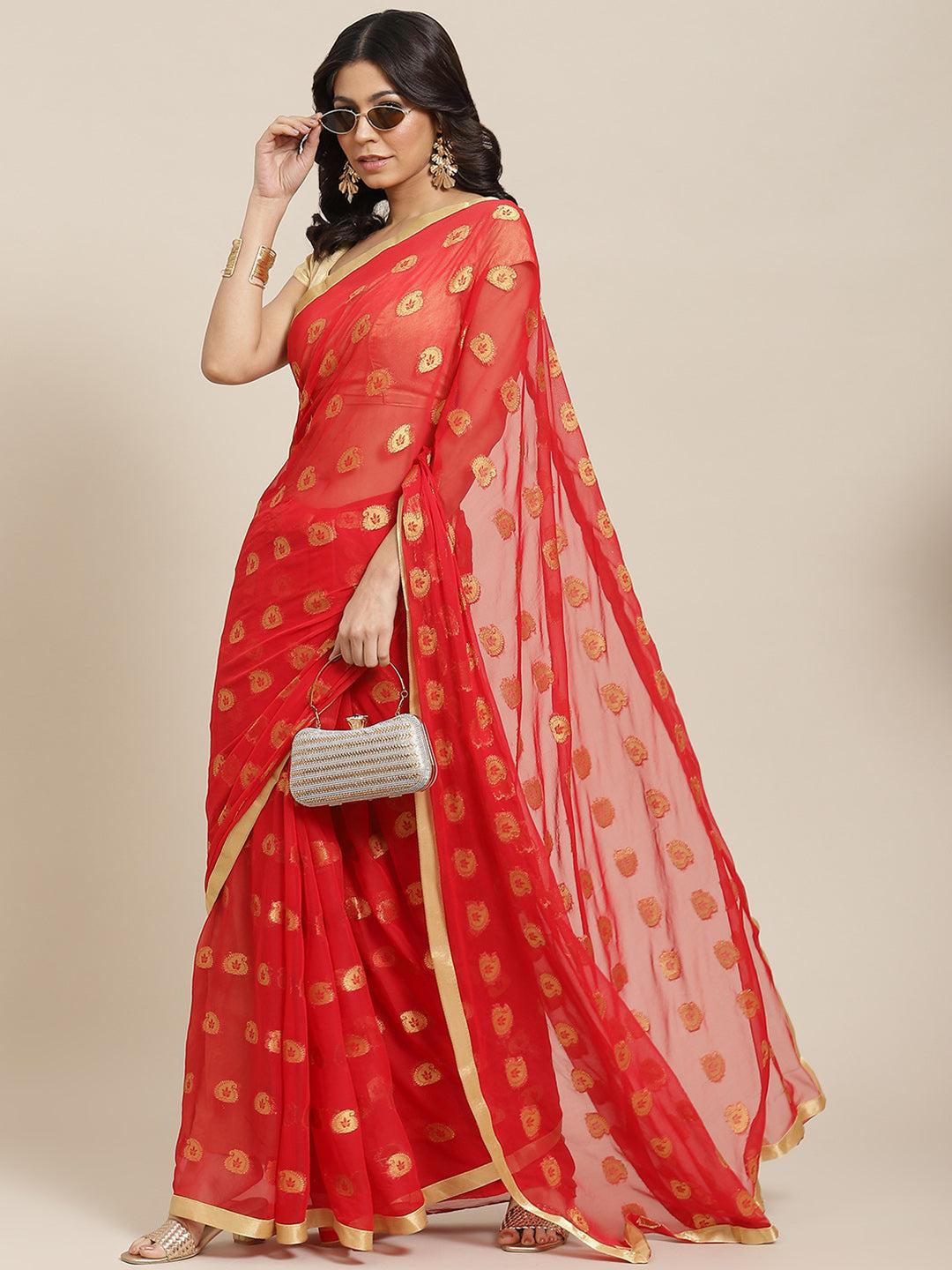 ishin-poly-chiffon-red-bandhani-printed-women's-sarees-with-blouse-piece