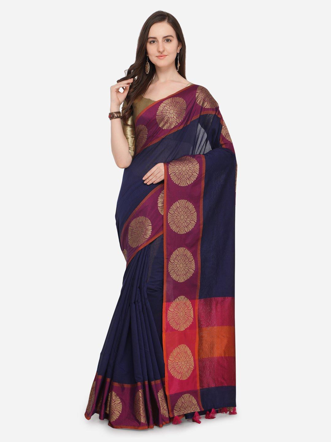 ishin-poly-cotton-navy-blue-woven-women's-saree-with-tassels