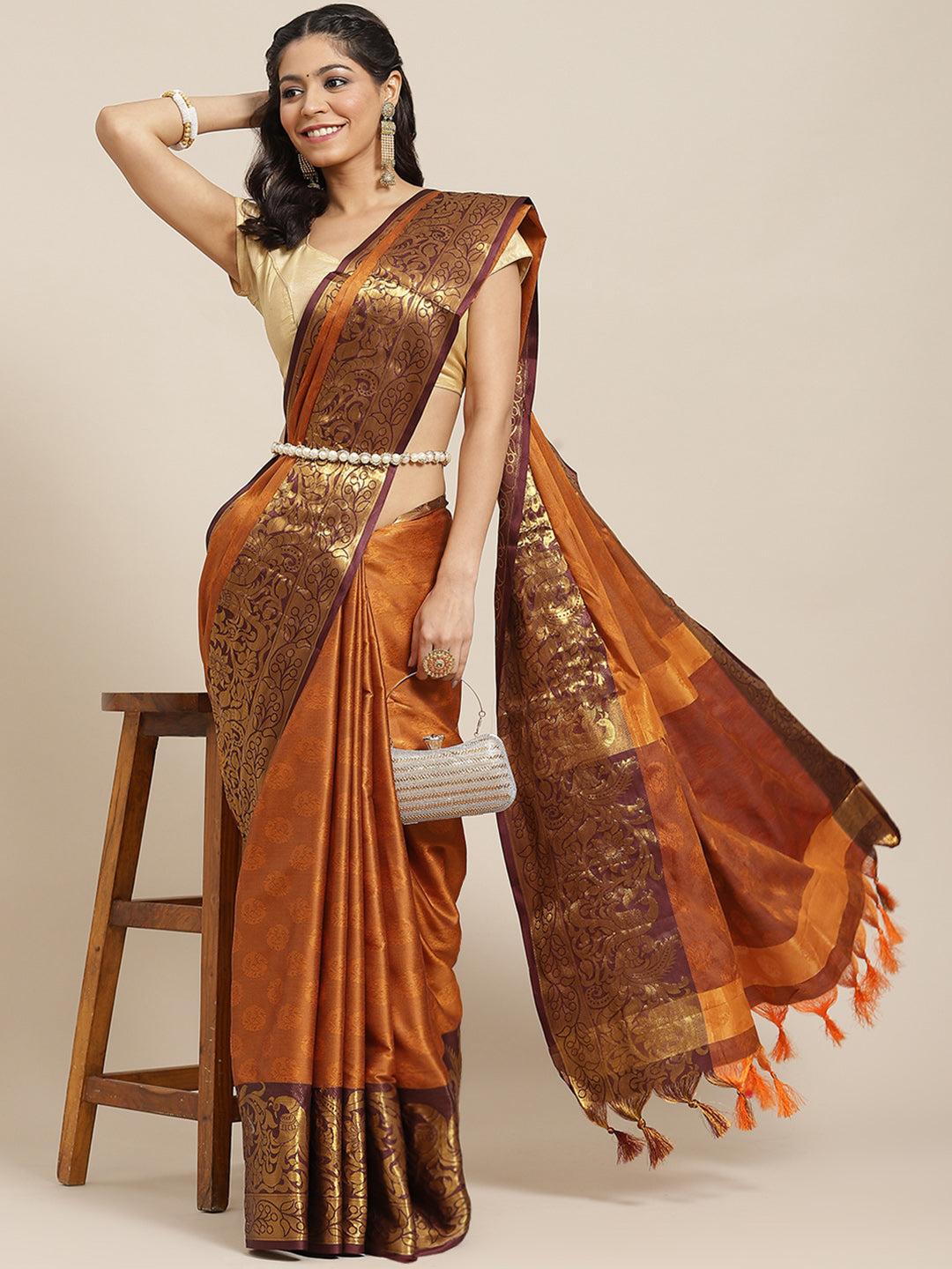 ishin-women's-art-silk-orange-&-maroon-woven-design-saree-with-blouse-piece