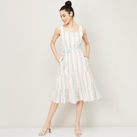 code-women-striped-square-neck-a-line-dress