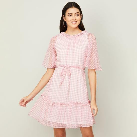 and-women-checked-round-neck-a-line-dress