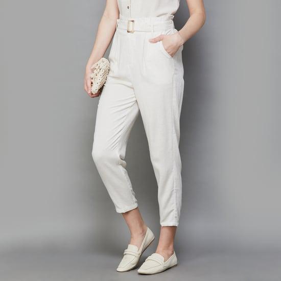 code-women-solid-belted-slim-fit-pants