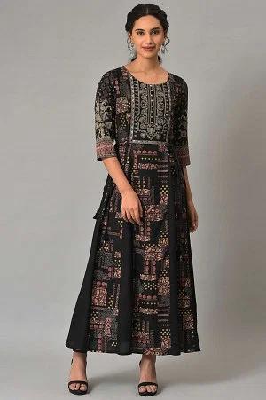 black-printed-long-dress-with-embellished-yoke