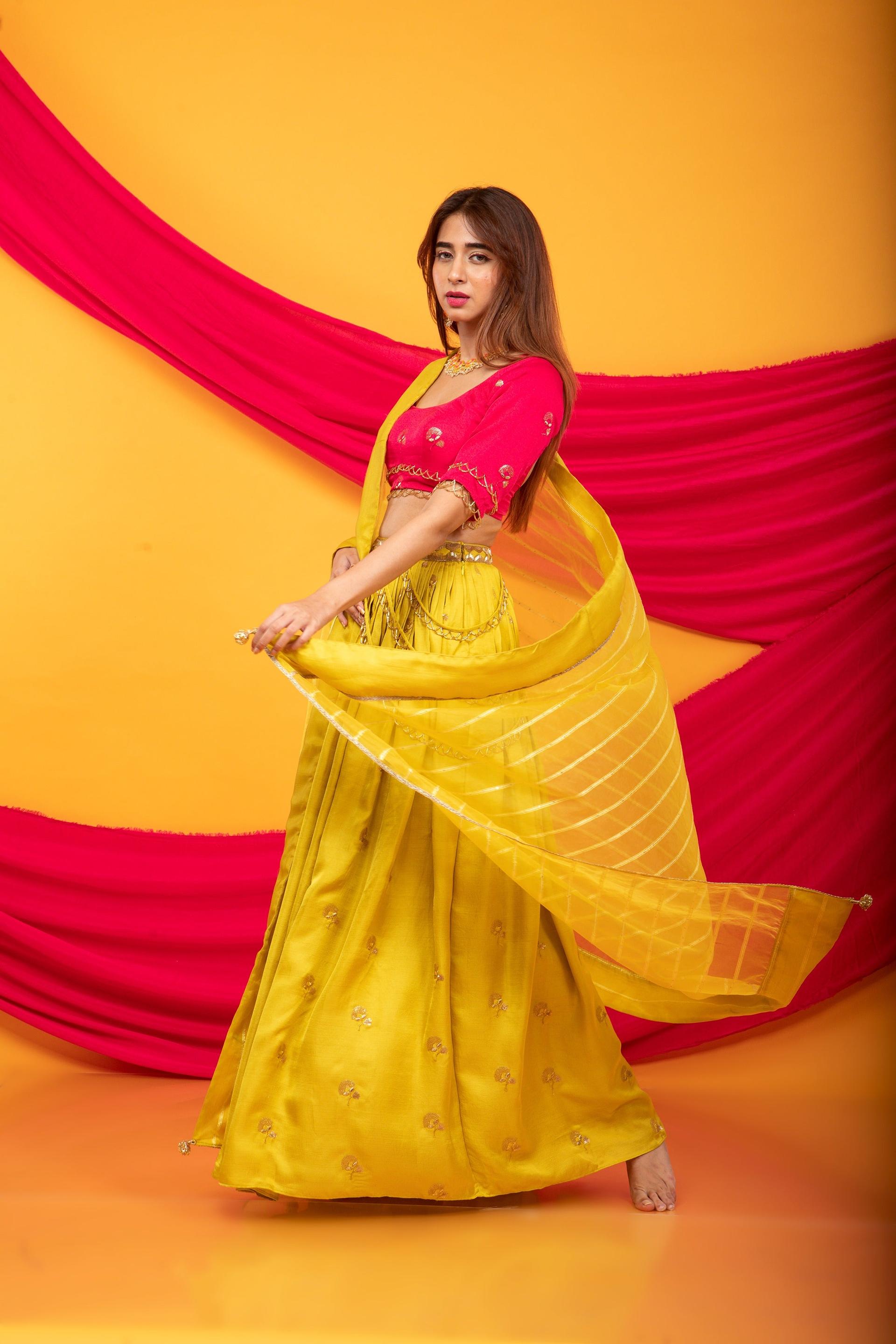 gulkari-lehenga-and-blouse-set-fuchsia-pink-&-canary-yellow