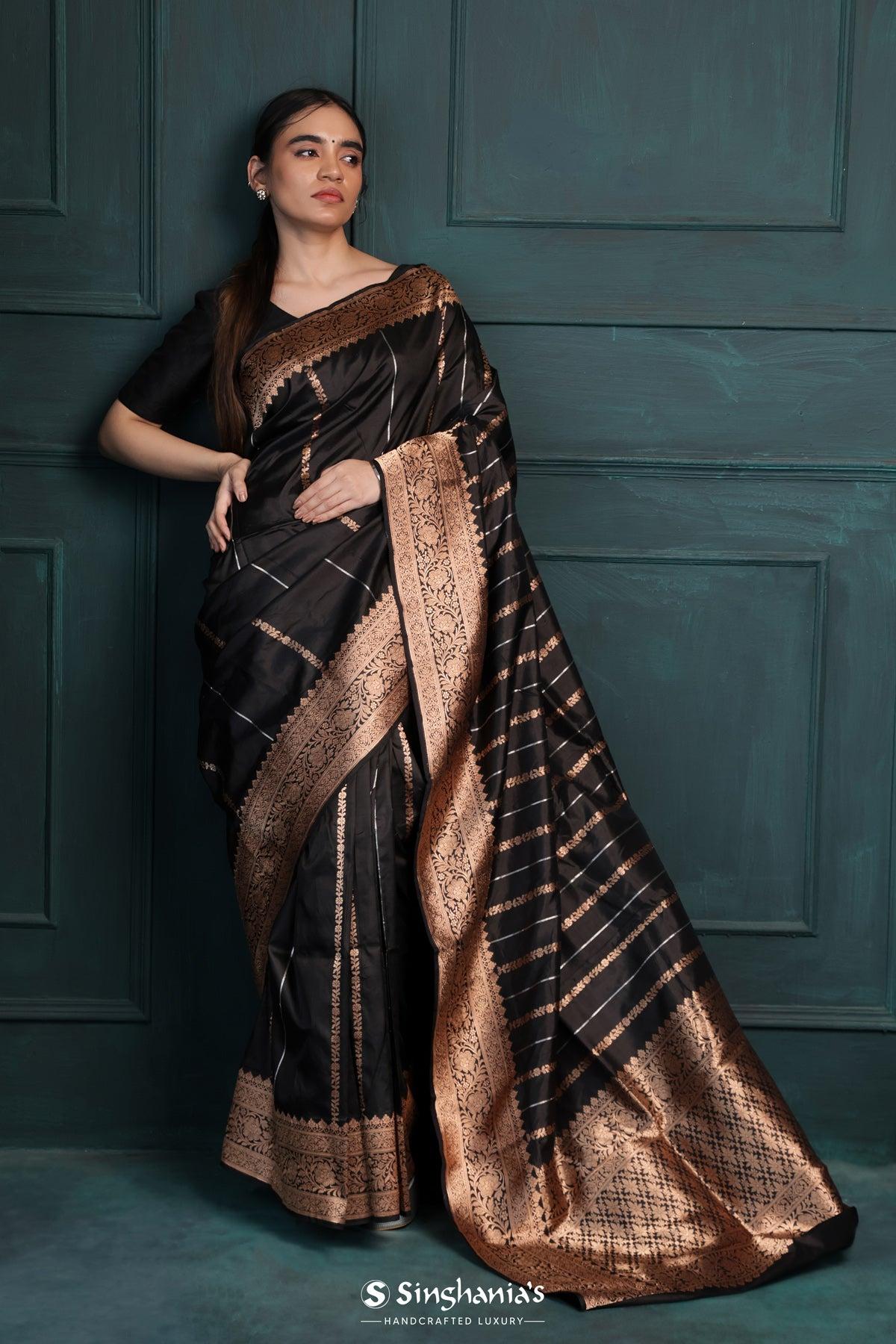 rich-black-banarasi-silk-saree-with-floral-stripes-weaving