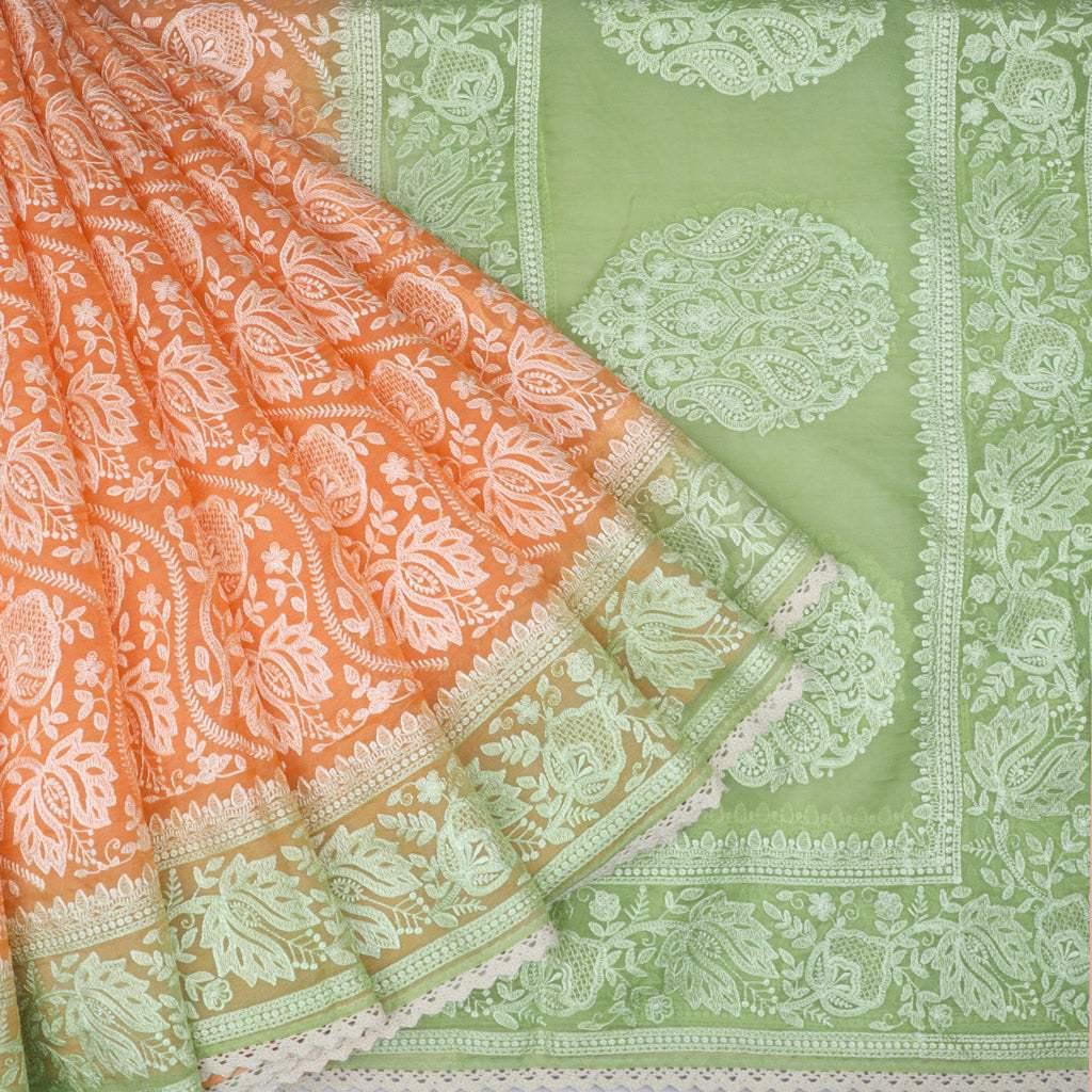 light-coral-orange-floral-embroidery-organza-saree