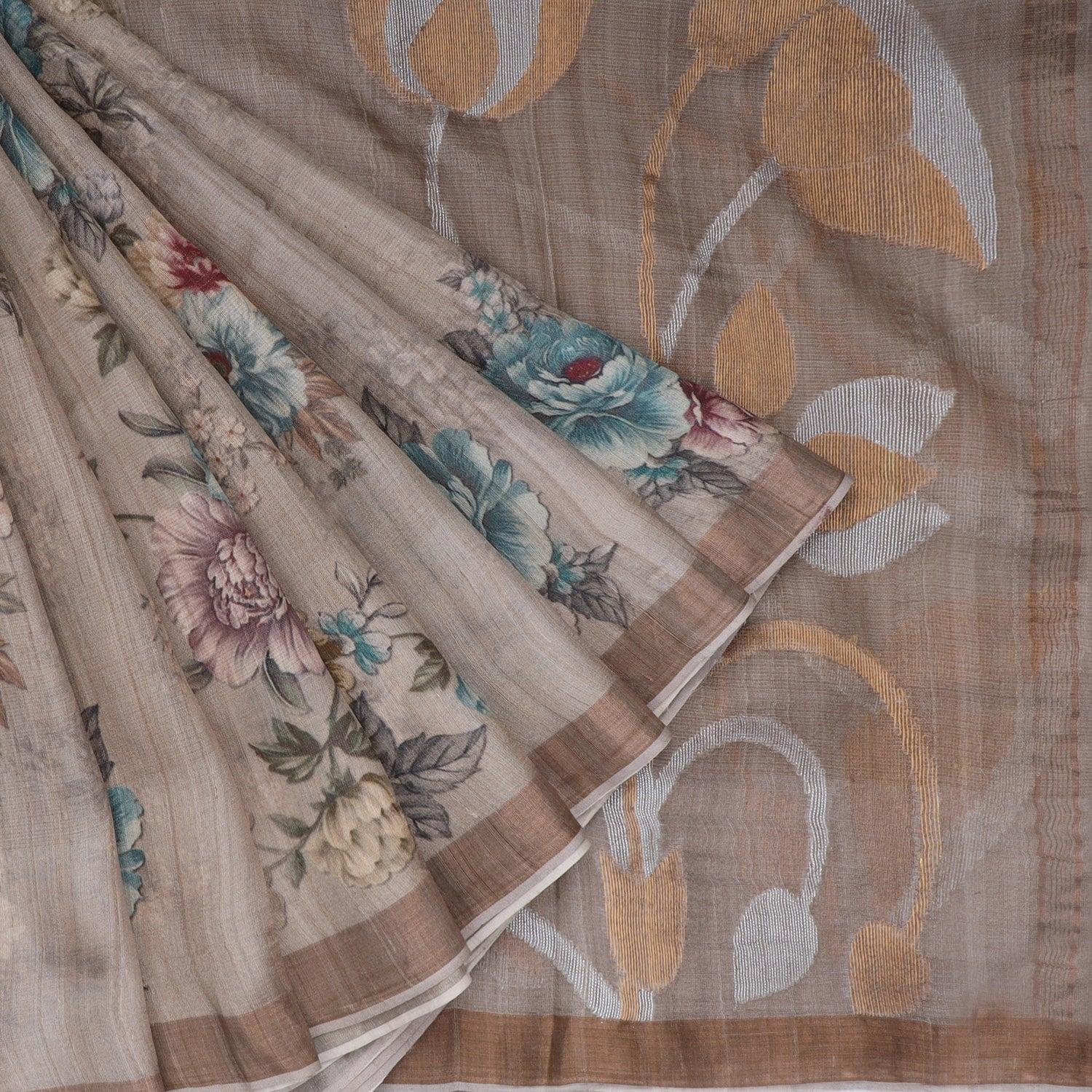khaki-tussar-floral-printed-saree