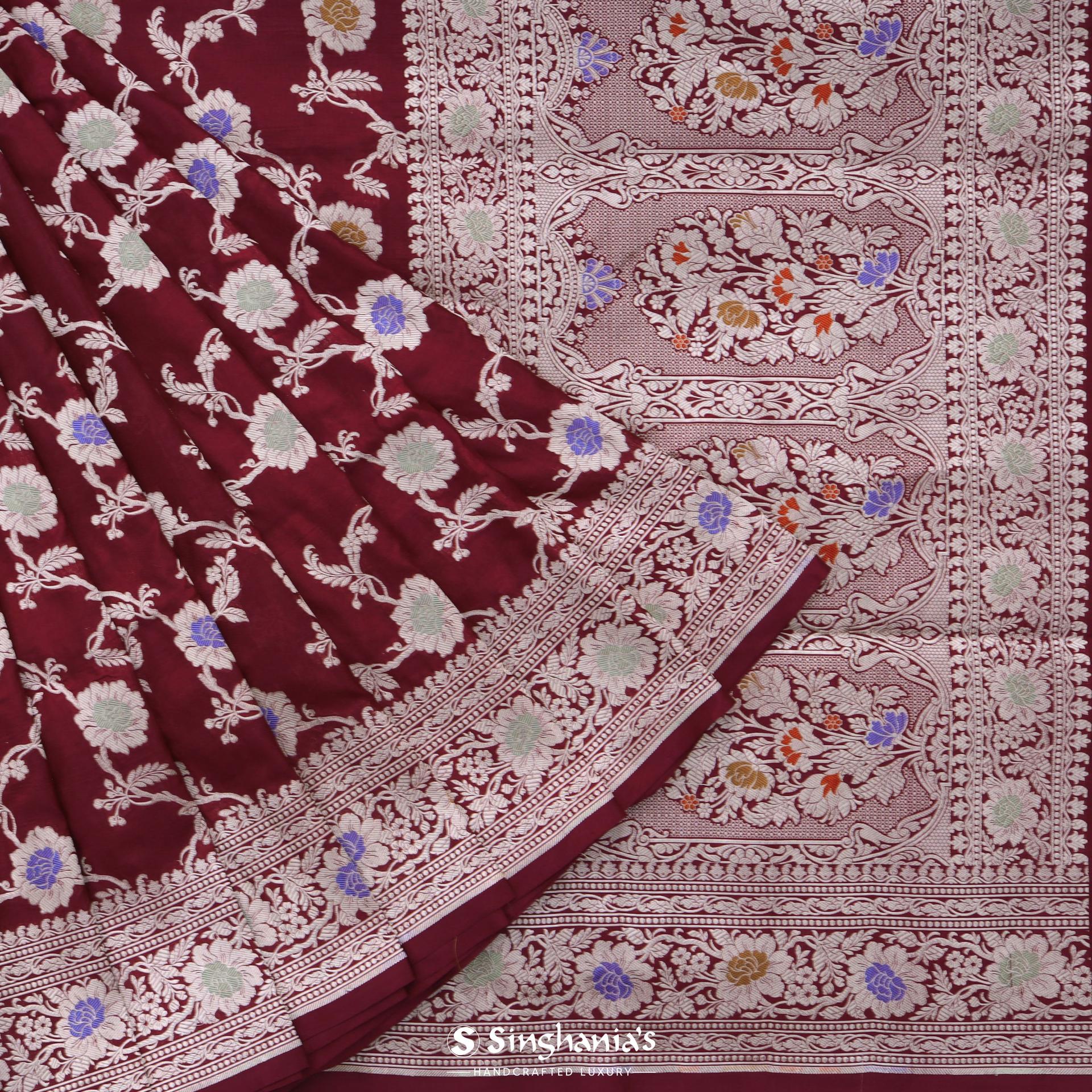 mahogany-red-banarasi-silk-saree-with-floral-jaal-pattern