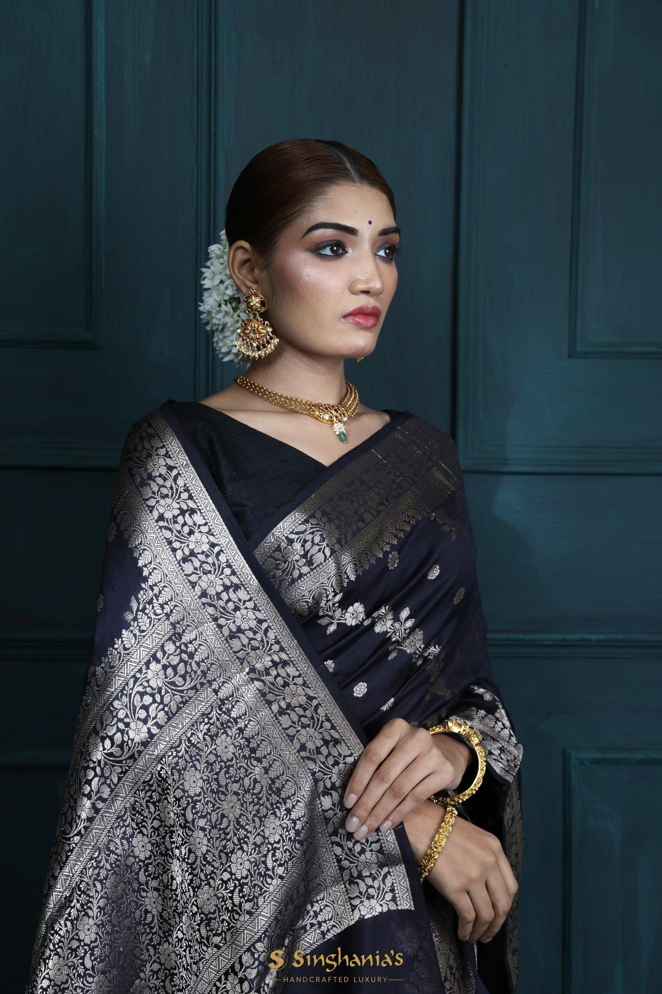 denim-black-chiniyan-banarasi-silk-saree-with-floral-stripes-weaving