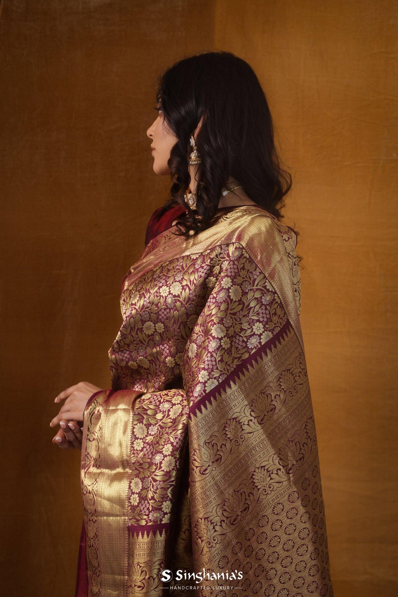 aesthethic-maroon-kanjivaram-silk-saree-with-floral-jaal-weaving