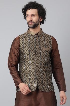embroidered-polyester-blend-regular-fit-mens-nehru-jacket---brown