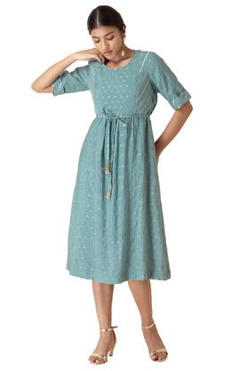 printed-cotton-blend-round-neck-womens-midi-dress---indigo